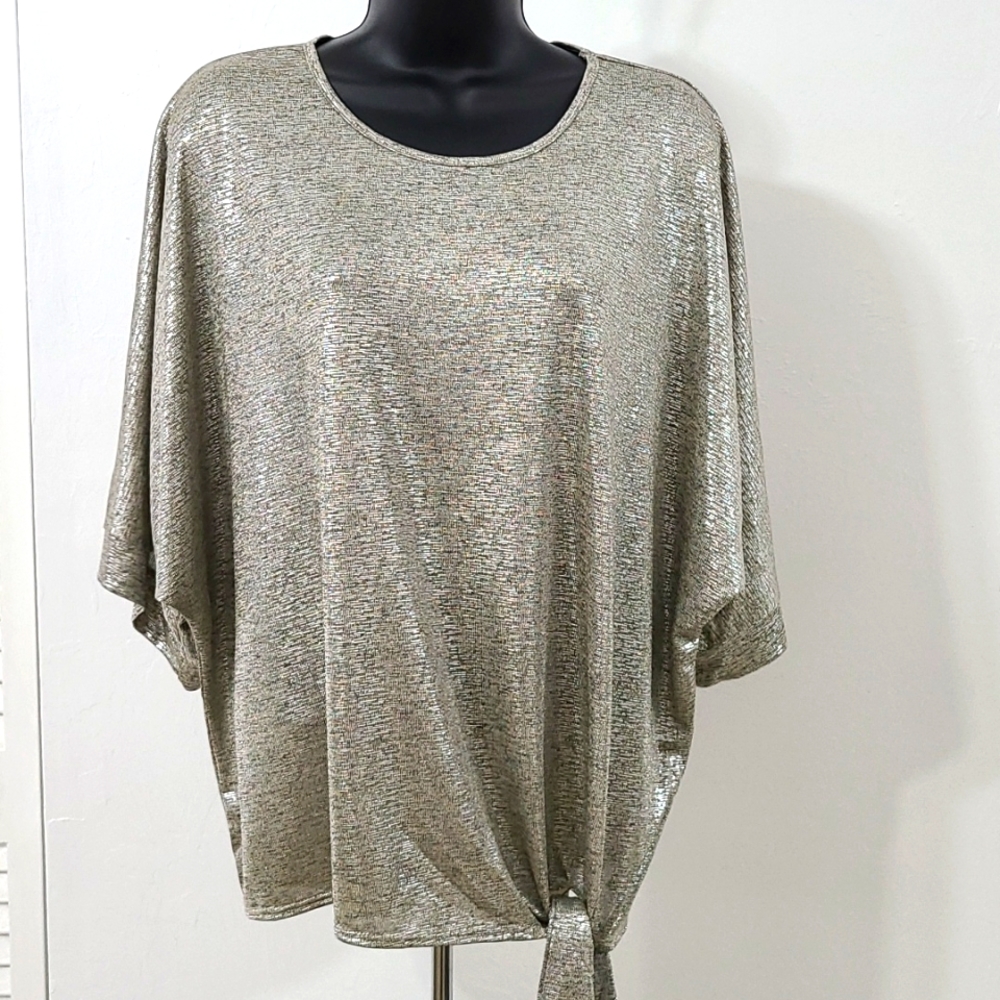 NWNT Large Kim & Cami Navy Knot Metalic Shimmery Round Neck Top Blouse